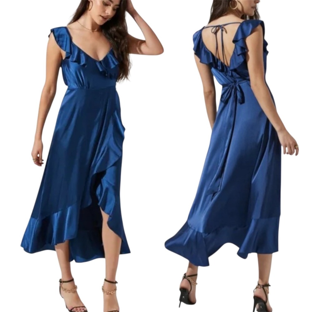 ASTR The Label Wilshire Midi Dress Women S Navy‎ Blue Satin Ruffle High-Low Wrap